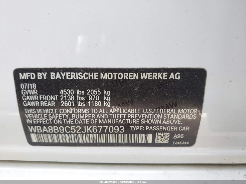 Bmw 330I 2018 White 2.0L