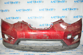 Bare front bumper Nissan Rogue 14-16 without place for number, red, torn, without plug, UNDER REPAIR