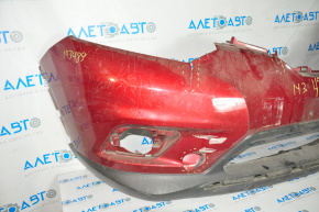 Bare front bumper Nissan Rogue 14-16 without place for number, red, torn, without plug, UNDER REPAIR