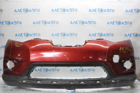 Bare front bumper Nissan Rogue 14-16 without space for number, red, torn on the right, in need of repair