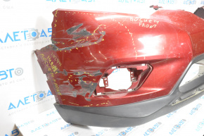 Bare front bumper Nissan Rogue 14-16 without space for number, red, torn on the right, in need of repair