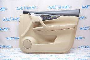 Door trim card front right Nissan Rogue 14-16 beige with beige insert plastic, molding graphite gloss, armrest leather, scratches