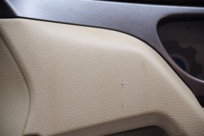 Door trim card front right Nissan Rogue 14-16 beige with beige insert plastic, molding graphite gloss, armrest leather, scratches