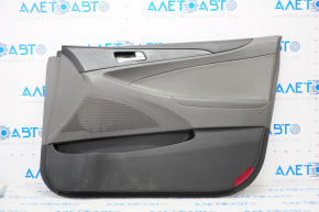 Door trim card front right Hyundai Sonata 11-14 dark gray with gray insert leather, armrest leather, black molding structure, scratches, worn overlay