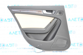 Door trim card rear left Audi A4 B8 13-16 rest black with beige insert leather, rubber armrest, molding under wood gloss, sedan, without curtain, scuffs, scratches, paint