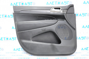 Door trim card front left Jeep Grand Cherokee WK2 14-17 black with black insert leather, armrest leather, white stitching, molding with chrome, under mat black wood, seat memory, backlight, scratches