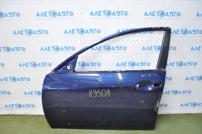 The front left door of a Mazda6 03-08 is bare and blue, dented at the pillar, with bumps.