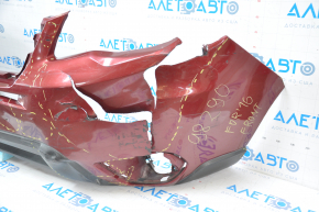 The front bumper of a Subaru Forester 14-16 SJ pre-rest red is dented, has tears, broken fasteners, and scratches.