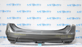 Bare rear bumper Nissan Rogue 14-16 graphite, dented left side, missing fragment, tears, broken fasteners, scratches