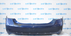 The rear bumper is bare, Toyota Camry v40 07-11 3.5 SE blue, dented, torn, with broken fasteners.