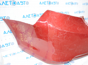 The rear bumper is bare, Toyota Camry v50 12-14 USA LE XLE red, dented, with tears and broken fasteners.