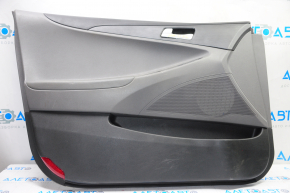 Door trim card front left Hyundai Sonata 11-14 black with gray insert plastic, armrest leather, dark gray molding structure, scratches