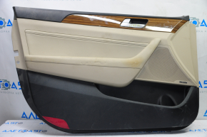 Door trim card front left Hyundai Sonata 15-19 beige with beige insert leather, armrest leather, molding under wood gloss, dimension, tears, scratches