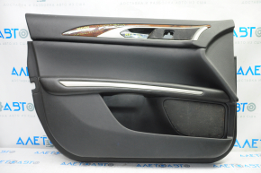 Door trim card front left Lincoln MKZ 13-16 black leather, armrest leather, insert wood gloss, cracks on the overlay