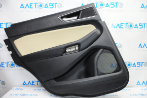 Door trim card rear left Ford Edge 15-18 black with beige insert leather, armrest leather, handle molding gray, tear, bumps, scratches