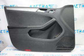 Door trim card front left VW Jetta 11-16 USA black with black insert plastic, armrest leather, molding gray gloss