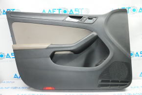 Door trim card front left VW Jetta 11-16 USA black with brown insert plastic, armrest leather, molding black structure, scratches