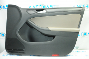 Door trim card front right VW Jetta 11-16 USA black with brown insert plastic, armrest leather, molding black structure, scratches