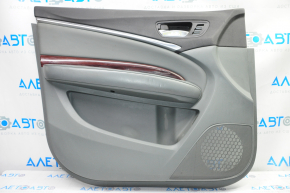 Door trim card front left Acura MDX 14-16 gray with gray insert leather, armrest leather, molding under wood gloss, under seat memory, scratches