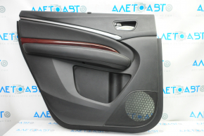 Door trim card rear left Acura MDX 14-20 black with black insert leather, armrest leather, molding under wood gloss, curtain, scratches