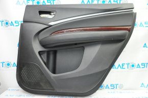 Door trim card rear right Acura MDX 14-20 black with black insert leather, armrest leather, molding under wood gloss, without curtain