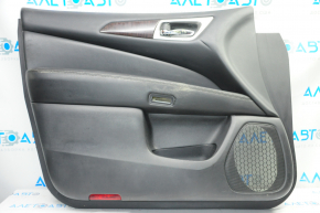 Door trim card front left Nissan Pathfinder 13-16 black with black insert leather, armrest leather, molding under wood gloss, under seat memory, tears, scratches, under dry cleaning, pokes