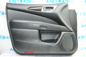 Door trim card front left Nissan Pathfinder 13-16 black with black insert leather, armrest leather, molding under wood gloss, under seat memory, tears, scratches