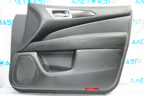 Door trim card front right Nissan Pathfinder 13-16 black with black insert leather, armrest leather, molding under wood gloss, scratches
