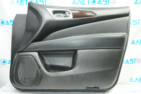 Door trim card front right Nissan Pathfinder 13-16 black with black insert leather, armrest leather, molding under wood gloss, scratches, without reflector, pokes