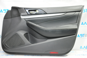 Door trim card front right Nissan Maxima A36 16-18 black with black insert leather, armrest leather, molding gray gloss, scratches, bumps