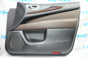 Door trim card front right Infiniti JX35 QX60 13-15 black with brown insert leather, armrest leather, molding under wood gloss, scratches, pokes