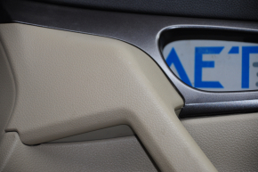 Door trim card front right Nissan Rogue 14-16 beige with beige insert plastic, molding graphite gloss, armrest leather, scratches, bump