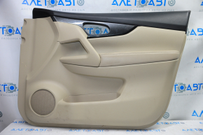 Door trim card front right Nissan Rogue 14-16 beige with beige insert plastic, molding under carbon gloss, armrest leather