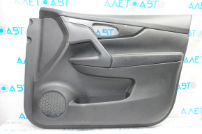 Door trim card front right Nissan Rogue 14-16 black with black insert plastic, molding black gloss, armrest leather, scratches