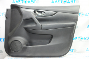 Door trim card front right Nissan Rogue 14-16 black with black insert plastic, molding under carbon gloss, armrest leather, scratches