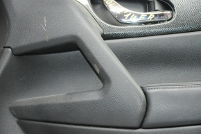 Door trim card front right Nissan Rogue 14-16 black with black insert plastic, molding under carbon gloss, armrest leather, scratches