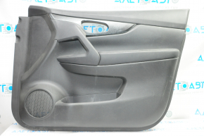 Door trim card front right Nissan Rogue 14-16 black with black insert plastic, molding under carbon gloss, armrest leather, scratches, tear