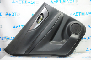 Door trim card rear left Nissan Rogue 14-16 black with black insert plastic, molding graphite gloss, armrest leather, scratches