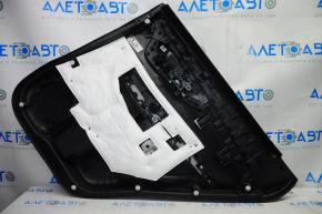 Door trim card rear left Nissan Rogue 14-16 black with black insert plastic, molding graphite gloss, armrest leather, scratches
