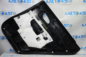 Door trim card rear left Nissan Rogue 14-16 black with black insert plastic, molding graphite gloss, armrest leather, scratches, bump