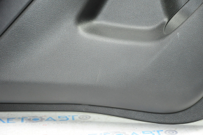 Door trim card rear left Nissan Rogue 14-16 black with black insert plastic, molding graphite gloss, armrest leather, scratches, bump