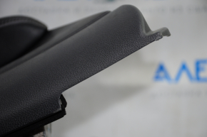 Door trim card rear left Nissan Rogue 14-16 black with black insert plastic, molding graphite gloss, armrest leather, scratches, bump