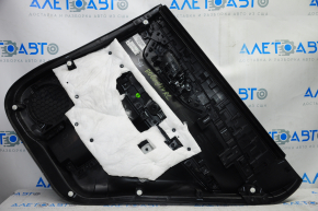 Door trim card rear left Nissan Rogue 14-16 black with black insert plastic, molding under carbon gloss, armrest leather, scratches, creased