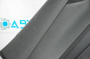 Door trim card rear left Nissan Rogue 14-16 black with black insert plastic, molding under carbon gloss, armrest leather, scratches, creased