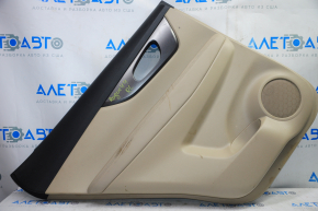 Door trim card rear left Nissan Rogue 14-16 beige with black insert plastic, molding graphite gloss, armrest leather, scratches