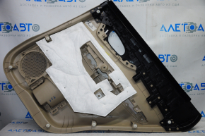 Door trim card rear left Nissan Rogue 14-16 beige with black insert plastic, molding graphite gloss, armrest leather, scratches