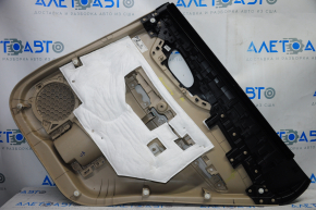 Rear left door trim panel for Nissan Rogue 14-16 beige with black plastic insert, glossy graphite molding, leather armrest