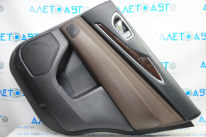 Door trim card rear right Infiniti JX35 QX60 13-13 black with brown insert leather, armrest leather, molding under wood gloss, under tweeter, scratches, bumps