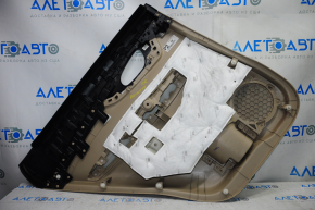 Door trim card rear right Nissan Rogue 14-16 beige with black insert plastic, molding graphite gloss, armrest leather, scratches, bump
