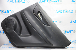 Door trim card rear right Nissan Rogue 14-16 black with black insert plastic, molding black gloss, armrest leather, scratches, tear